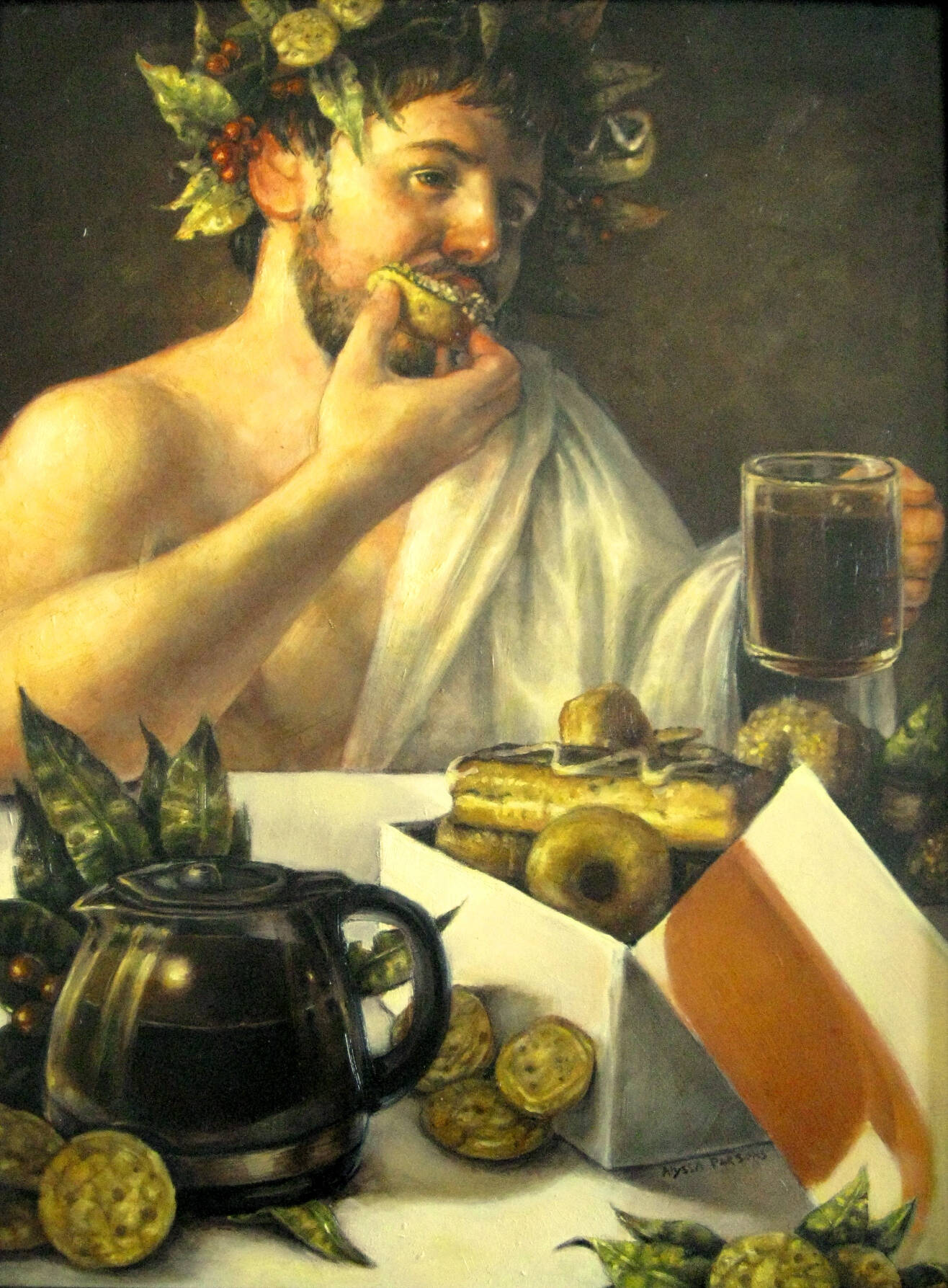 Oil portrait of Roman character with toga and head wreath sitting at table with wine and donuts.